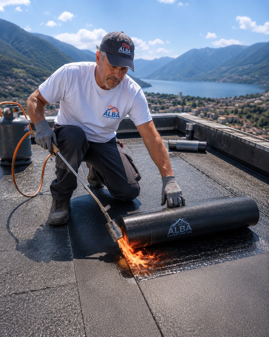 Tecnico Alba Coperture applica una membrana bituminosa a fiamma su una copertura piana